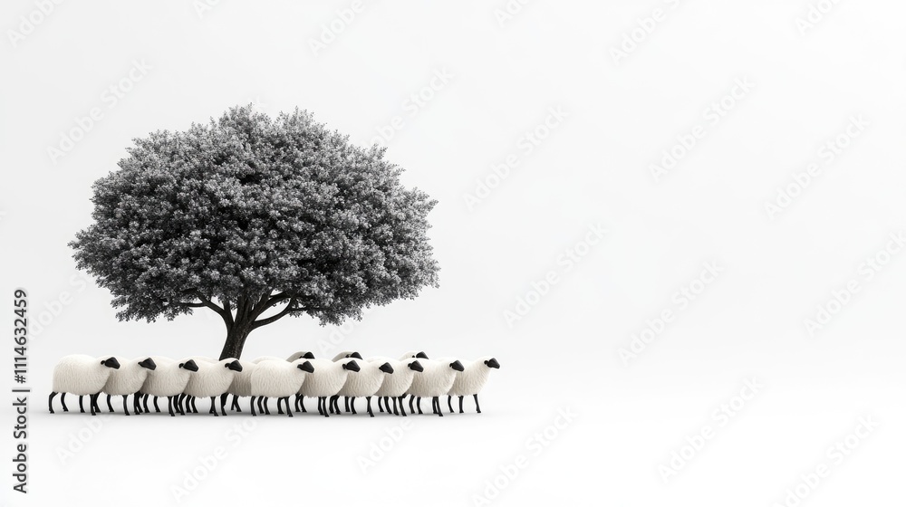 Fototapeta premium Sheep form a tree silhouette on a clean white canvas, leaving room for text or branding to complete the holiday design.