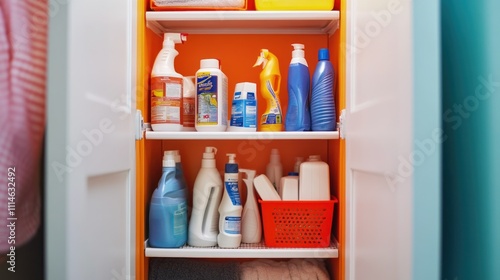 Organized cleaning supplies in a plastic cabinet.