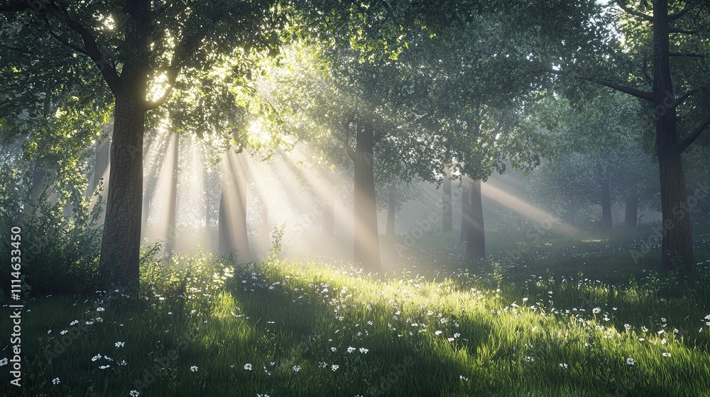 Fototapeta premium Sunlit forest, wildflowers, misty morning.