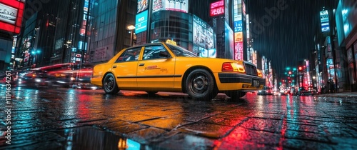 Yellow Taxi on Tokyo Streets in Rainy Cyberpunk Atmosphere with Neon Lights and Vivid Colors