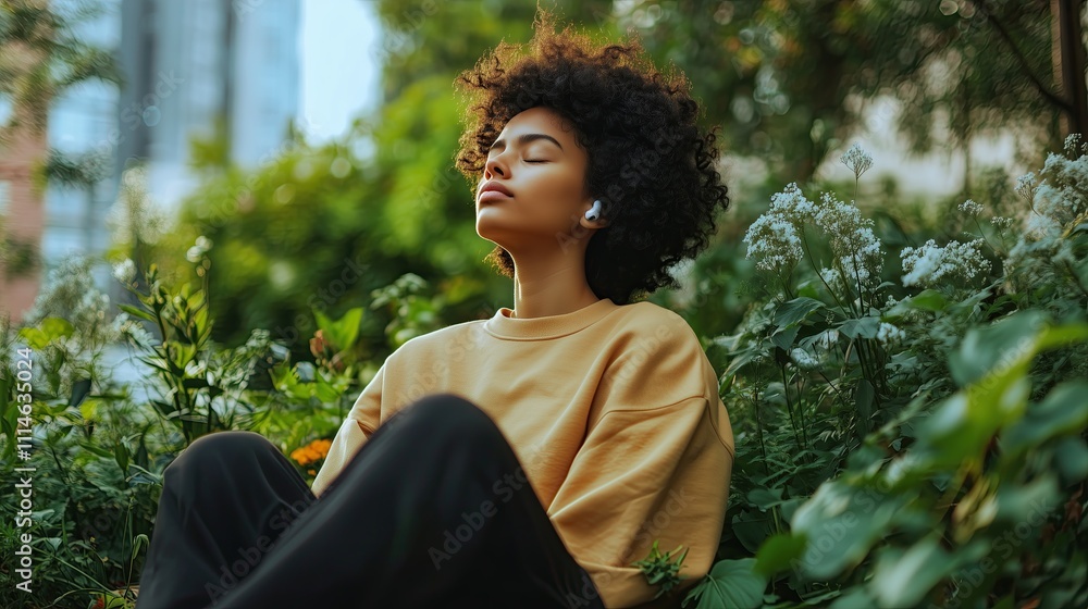 Naklejka premium A woman listens to an audiobook in the garden while doing yoga