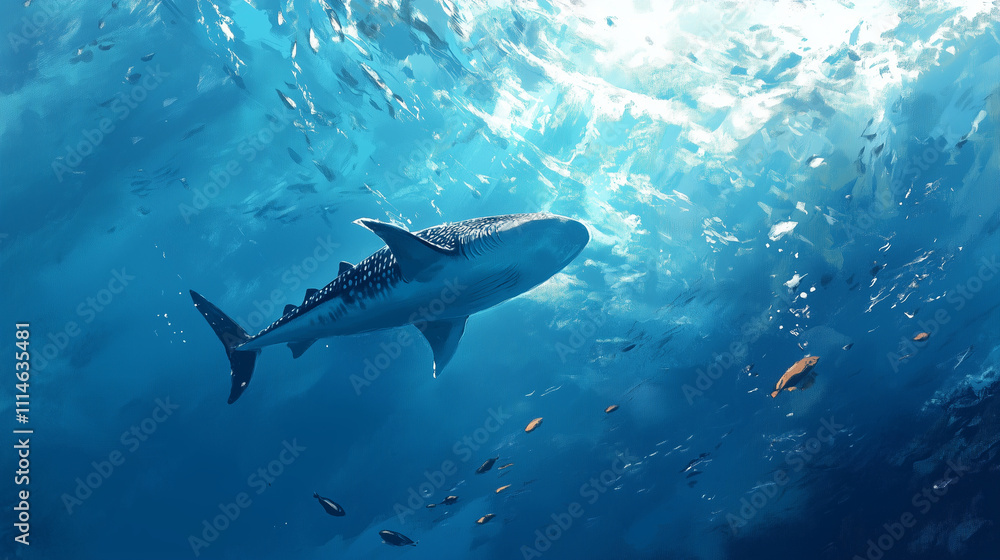 Obraz premium A giant whale shark drifting peacefully through the ocean, accompanied by small fish in a stunning blue expanse