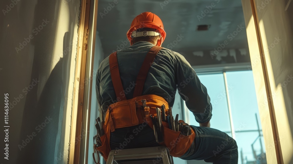 Construction Scene Featuring Electrician with Tool Belt and Hard Hat, Documentary-Style Full-Body Photo Construction Scene Featuring Electrician with Tool Belt and Hard Hat, Documentary-Style Full-Body Photo