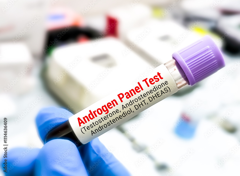 Fototapeta premium Blood sample for Androgen test, a group of hormone test including testosterone, dihydrotestosterone, androstenedione, androstenediol, dehydroepiandrosterone sulfate DHEAS etc.