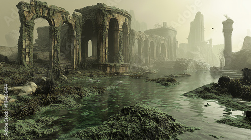 A fantastical depiction of a sunken city, with ancient ruins covered in algae and mysterious sea creatures swimming nearby photo