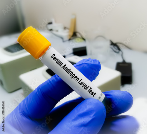 Принти на полотні Blood sample in scientist hand for Serum Androgen Index test.
