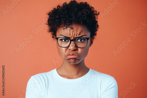 This angry angry woman has an afro hairstyle, clenches her teeth out of anger, stares with hatred, frowns, wears sunglasses and casual white clothes, models on blue background, and expresses hateful