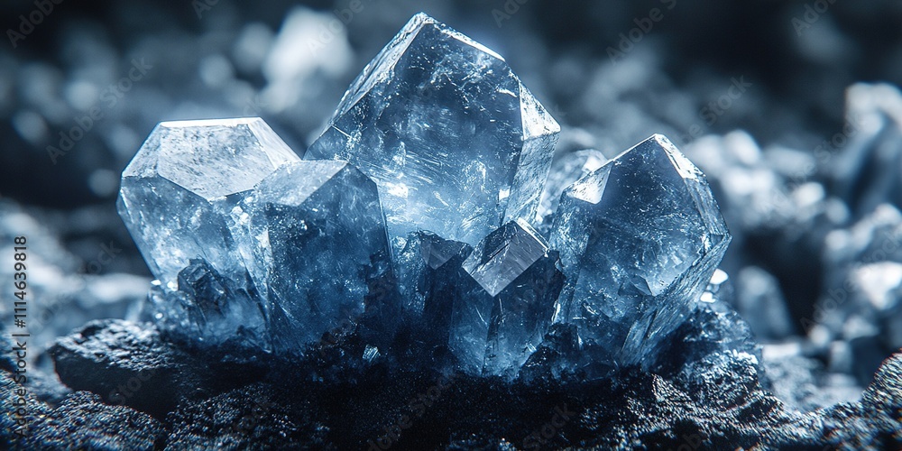 Beautiful blue crystals glimmering under soft light in a dark environment showcasing their intricate formations Beautiful blue crystals glimmering under soft light in a dark environment showcasing their intricate formations