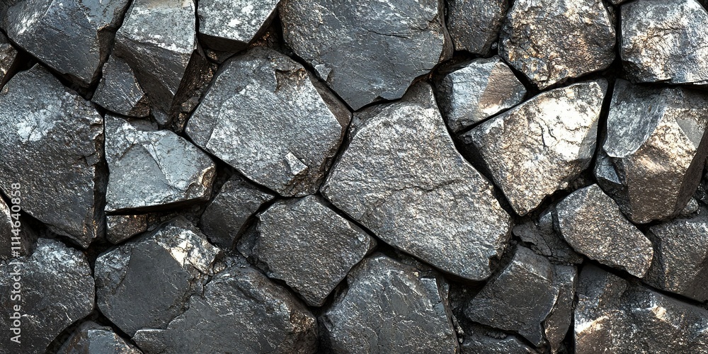 Fototapeta premium Dark textured stones arranged closely, showcasing mineral-rich patterns and natural variations in light