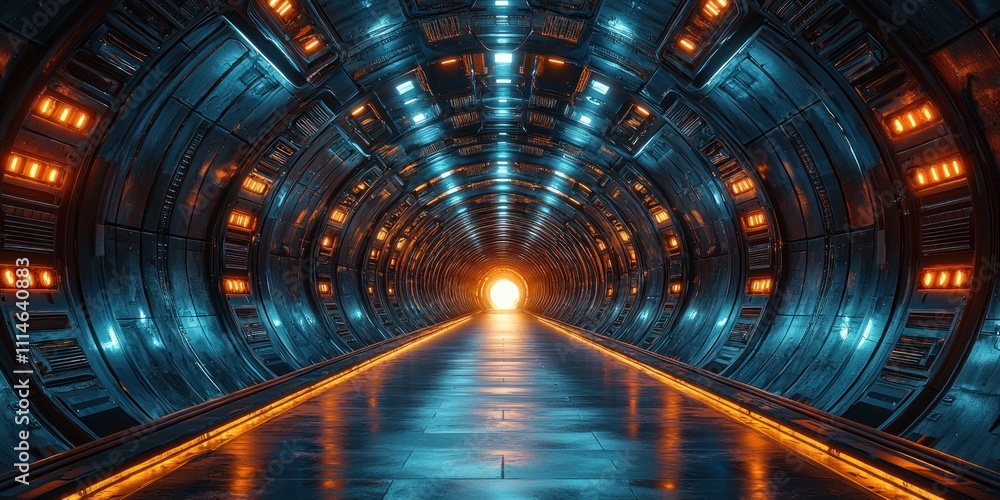 Fototapeta premium Futuristic Sci Fi Tunnel With Bright Orange Lights