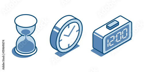isometric vector set of linear icons of manual and mechanical and electronic watches, in color on a blue background, time of different generations
