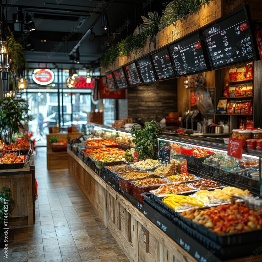 Obraz premium A vibrant food market display featuring colorful produce and prepared dishes.