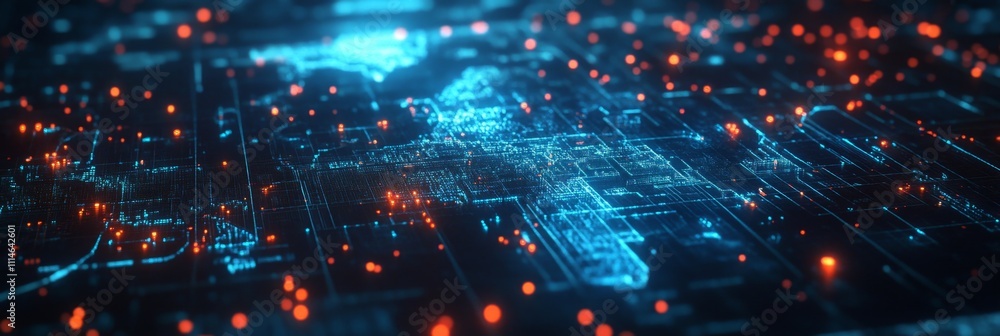 Futuristic digital world map with neon blue and orange technology patterns Futuristic digital world map with neon blue and orange technology patterns