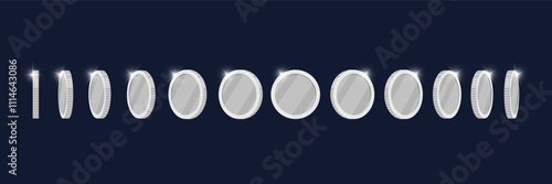 Spinning silver coin at various angles for video game or app animation design. Blank casino token in rotation. Achievement icon turning in multiple positions. Flat 3D metallic currency in motion