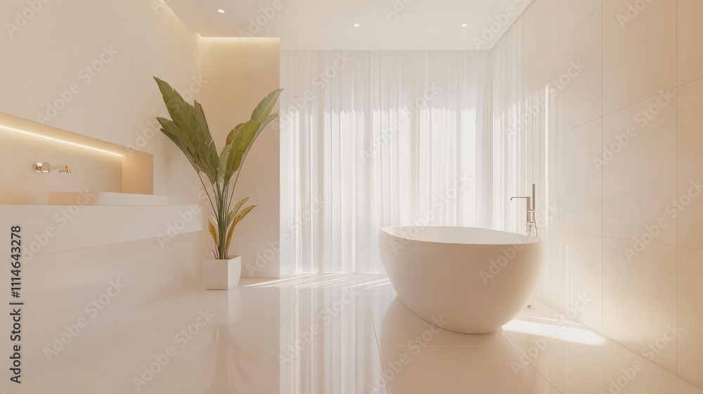 Modern Minimalist Bathroom With Freestanding Tub And Plant Modern Minimalist Bathroom With Freestanding Tub And Plant