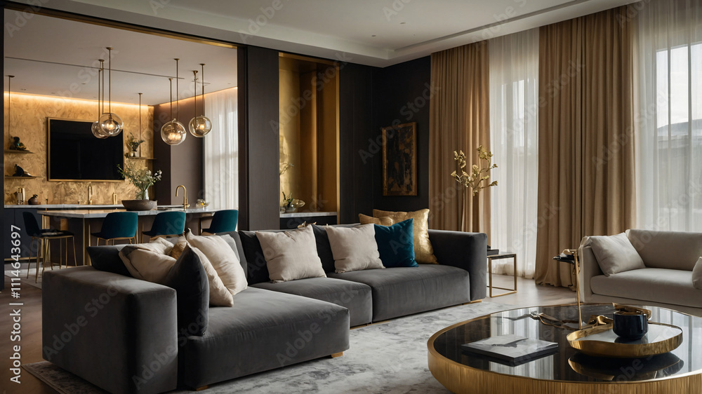 Fototapeta premium luxurious open-concept living room and kitchen-6