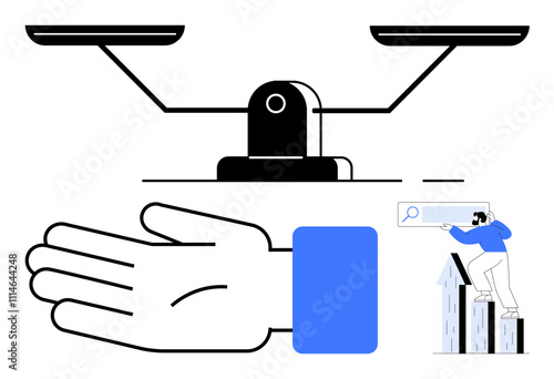 Balancing scale, open hand, and person with magnifying glass standing on buildings. Ideal for themes of justice, support, research, empowerment, balance exploration knowledge. Line metaphor photo