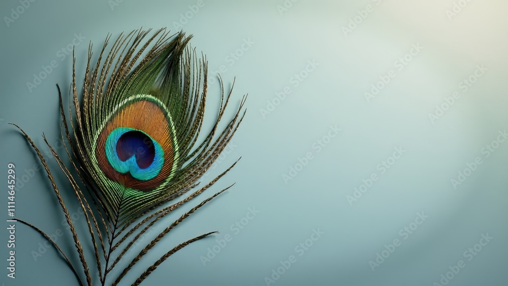 Obraz premium Vivid peacock feather with vibrant colors on a soft gradient background, isolated and detailed