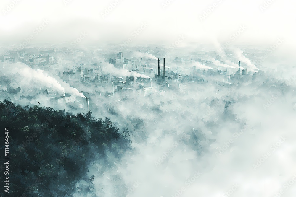 Fototapeta premium Industrial Landscape with Smokestacks and Foggy Atmosphere