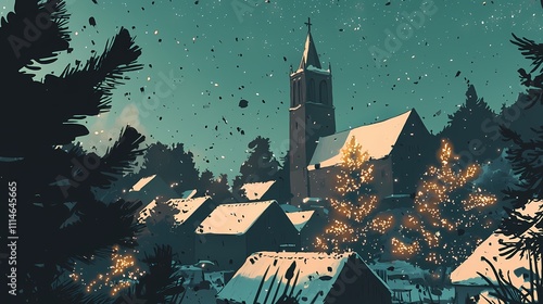 Serene Snowy Village Scene with Church and Christmas Lights at Night