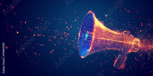 Megaphone. Low poly wireframe marketing blue background or concept with hand loudspeaker