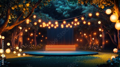 Enchanted Forest Stage with Neon Lights and Lanterns