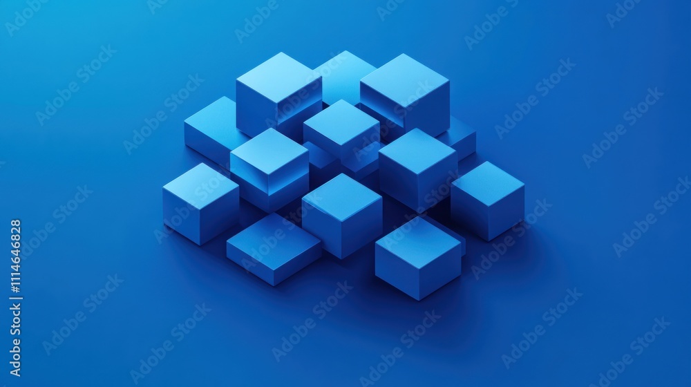 Obraz premium Abstract blue cubes forming a cluster on a blue background.