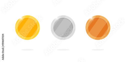 Gold silver bronze blank medal coin set for video game or app animation design. Bingo jackpot casino poker win empty elements. Cash treasure concept isolated flat eps illustration