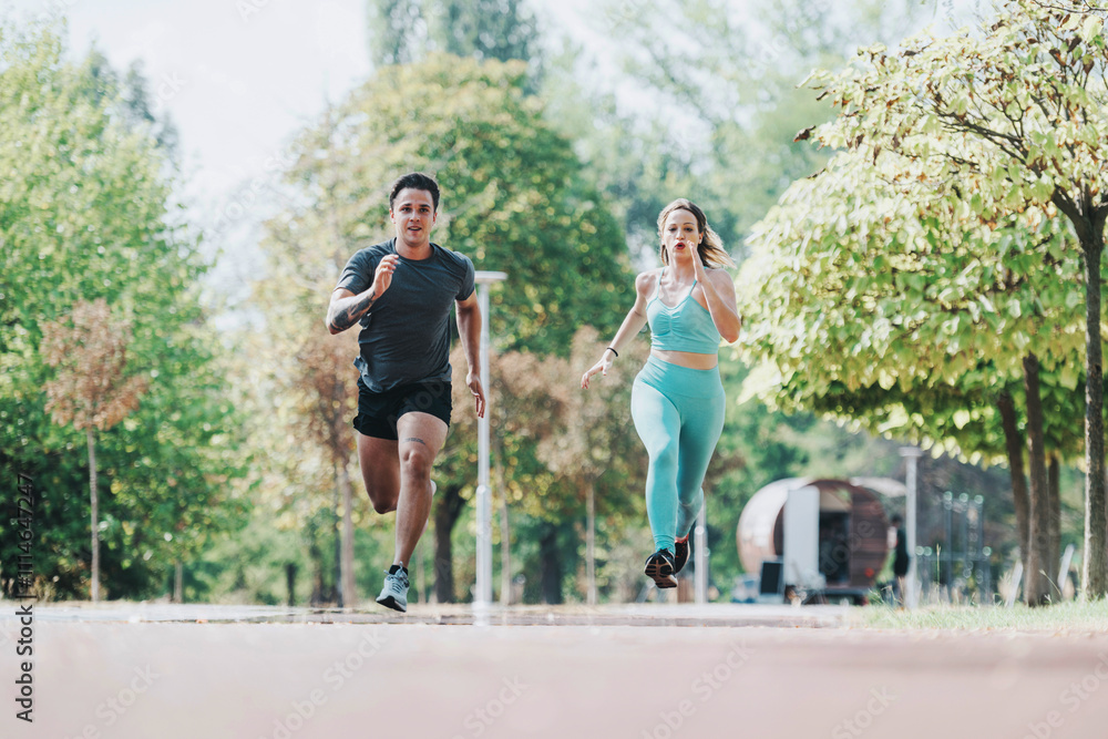 Obraz premium Two friends enjoying a refreshing jog in a park on a sunny day, embracing fitness and friendship. Surrounded by green trees, they enhance their health in a natural setting.