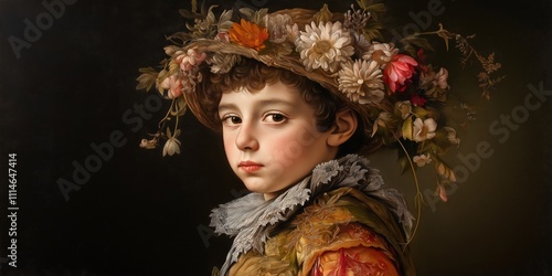 A young girl wearing a flowery hat and a green dress. She is looking at the camera photo