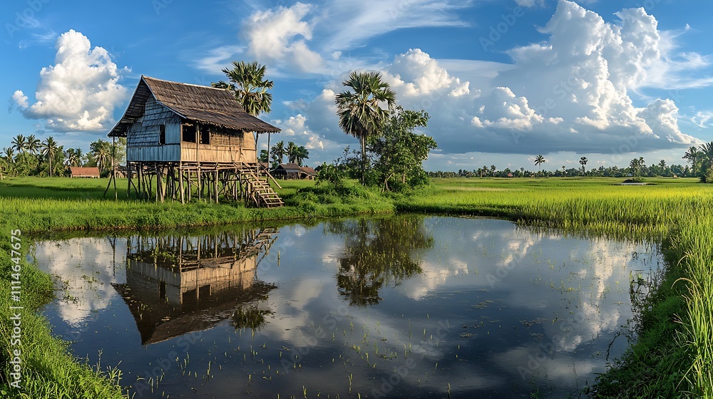 Stilt House Reflecting in Calm Rice Paddy Water Stilt House Reflecting in Calm Rice Paddy Water