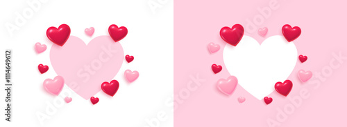 Love banner with flying 3d hearts. Valentines day greeting card. Happy mothers, fathers day template. Love background with 3d flying hearts. Wedding banner template. Vector illustration.