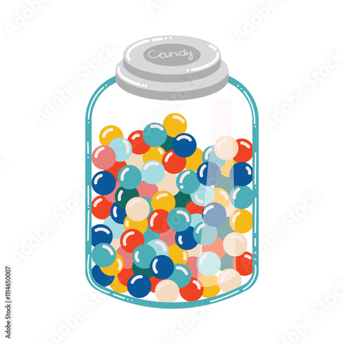 Cute cartoon bubble gum balls in the bottle isolated on white background. Retro candy balls from 90's. Bonbons in the jar.