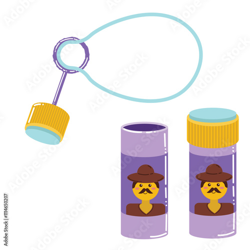 Cute colorful cartoon soap bubble toy bottle isolated on white background. Leisure or hobby for kids.