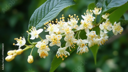 Delicate White Blossoms on Green Branch
