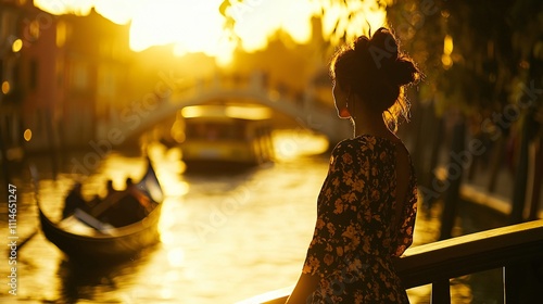 Influencer enjoying sunset views on a bridge in Venice, reflecting on the beautiful canals