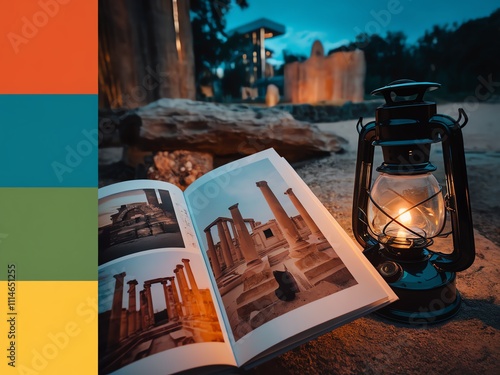 Open book and lantern illuminate ancient ruins in evening ambiance. photo