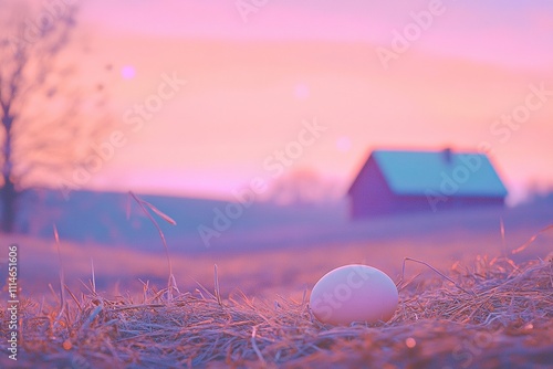 Fresh Egg on Hay Surrounded by Soft Pink and Lavender Tones of a Rosy Dawn photo