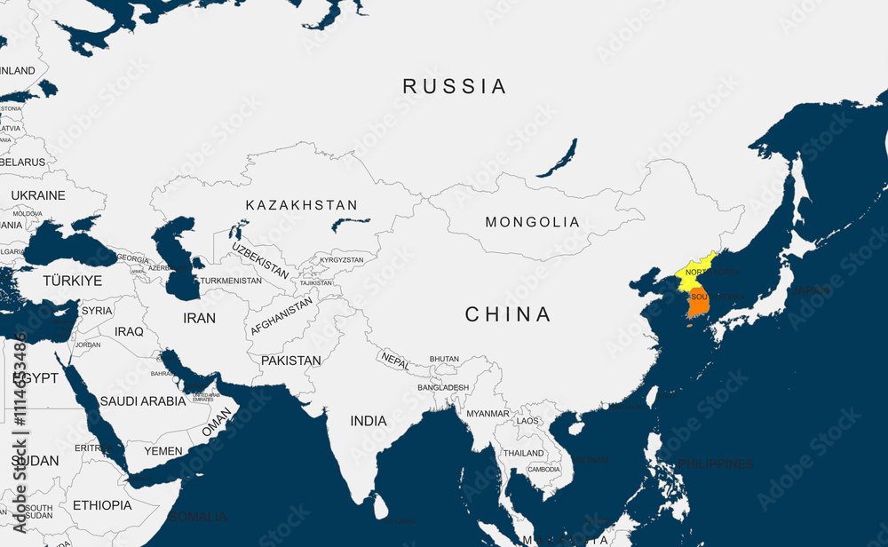 Obraz premium World Map Highlighting south korea and north korea in Color