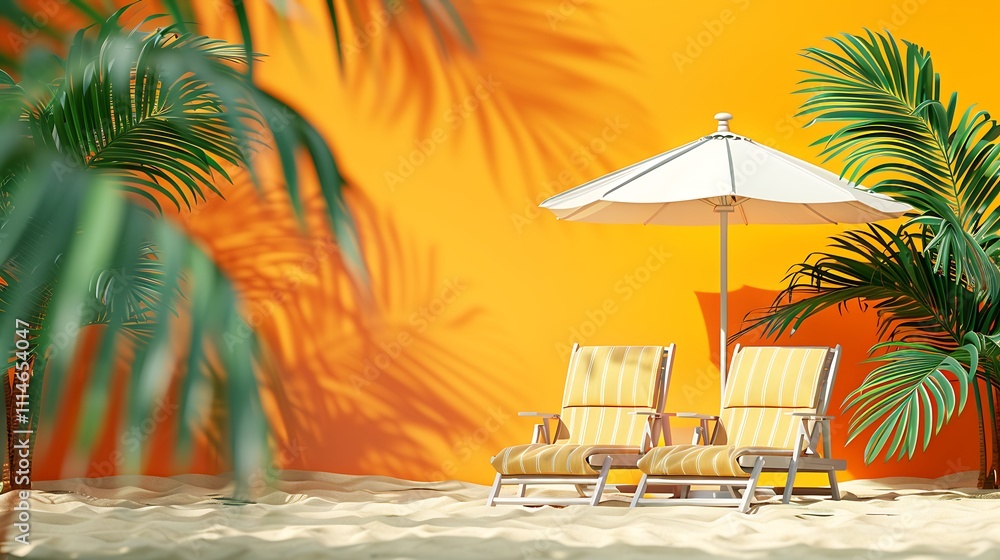 Obraz premium Two beach chairs under parasol enjoying tropical scenery