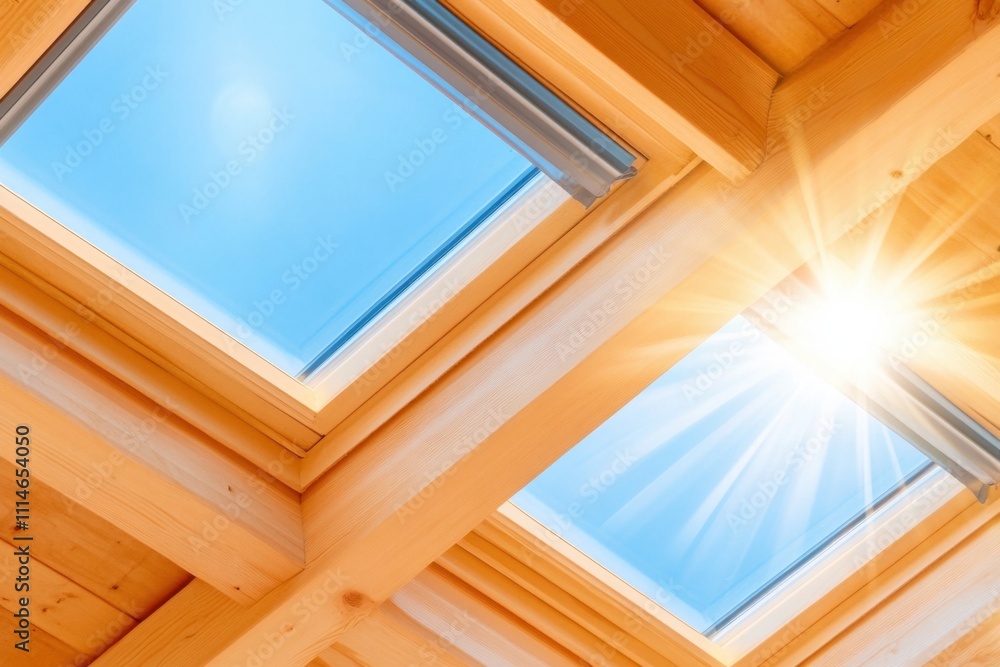 Obraz premium Sunlight streams through skylights in eco-friendly attic renovation showcasing sustainable materials and design
