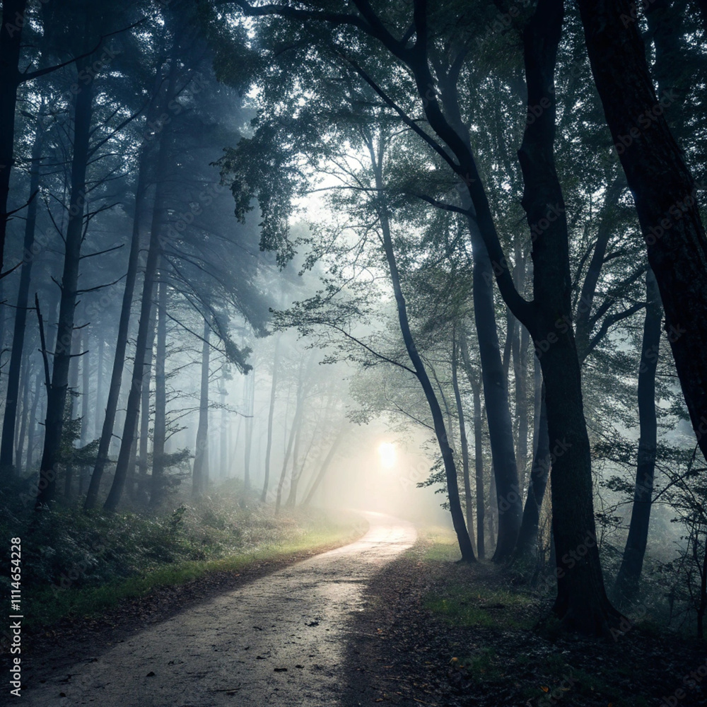 Obraz premium Mystical Forest Path Sunlit Road Through Misty Woods