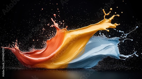 Dynamic collision of vibrant paint streams captured in ultra-high speed against a dramatic dark backdrop, showcasing a beautiful explosion of colors frozen in time photo