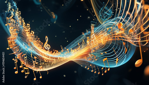 Harmonic waves of light and sound intertwine in a mesmerizing display of 3D digital artistry created through AI technology and generative methods. Generative AI