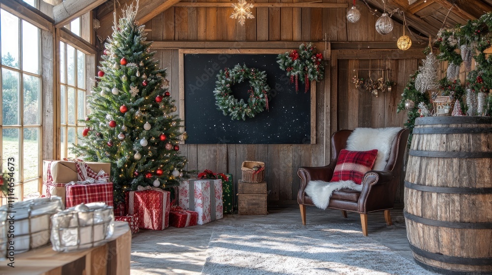 Rustic Barn Christmas Setting With Decorated Tree And Gifts Rustic Barn Christmas Setting With Decorated Tree And Gifts