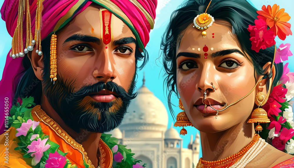 Obraz premium Vibrant celebration of love and culture with a couple adorned in traditional attire against a stunning historical backdrop. Generative AI