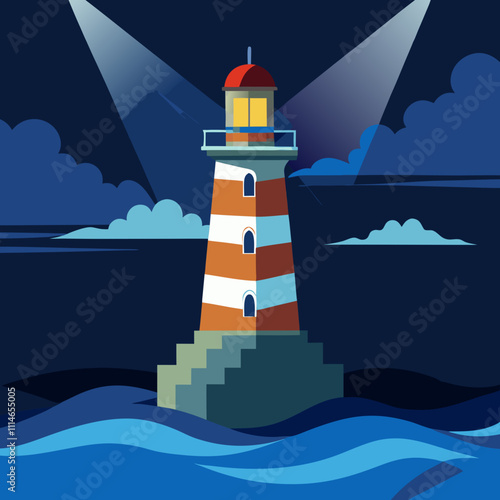 Lighthouse glowing in a stormy sea.