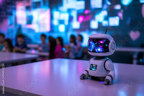 Wallpaper Mural A small robot assisting children in a classroom, helping them solve math problems or teaching new languages through interactive holographic displays. Torontodigital.ca