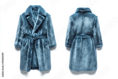 Blue faux fur belted coat in front and back views isolated on a white background, cruelty-free luxury garment for sustainable branding and retail campaigns photo