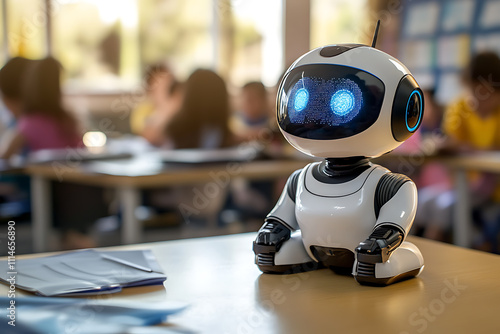 A small robot assisting children in a classroom, helping them solve math problems or teaching new languages through interactive holographic displays. photo